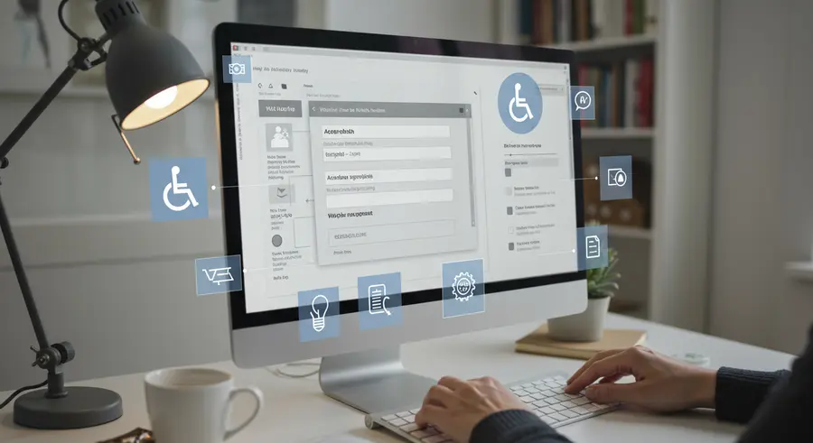 A user interacting with an accessible web form on a computer, with assistive technology icons around it, symbolizing inclusive design.